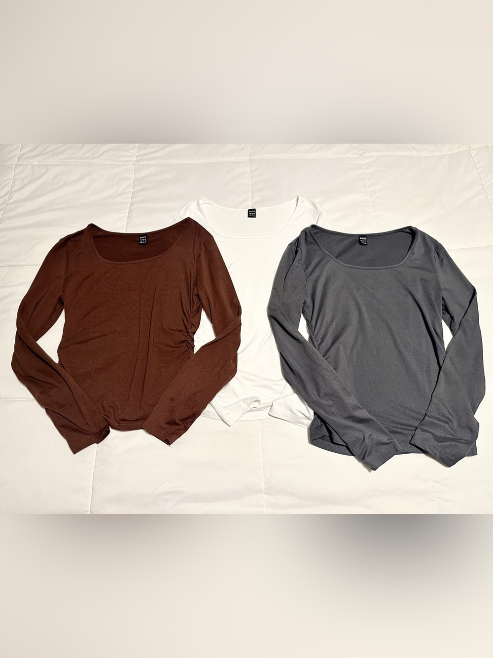 SHEIN Scoop Neck Long Sleeve Tops - Brown, White, Gray